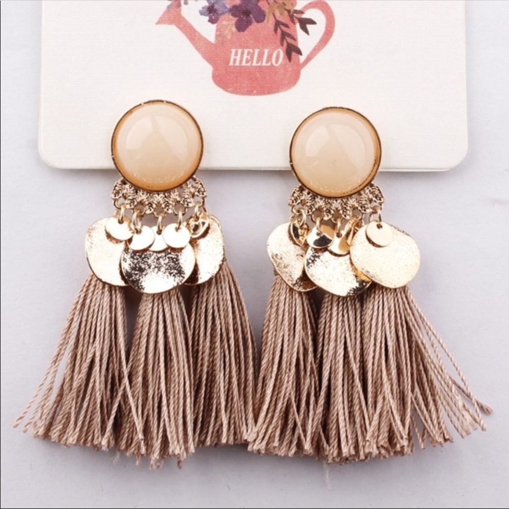 Beige Gem and Tassle Earrings. Perfect for Fall!!